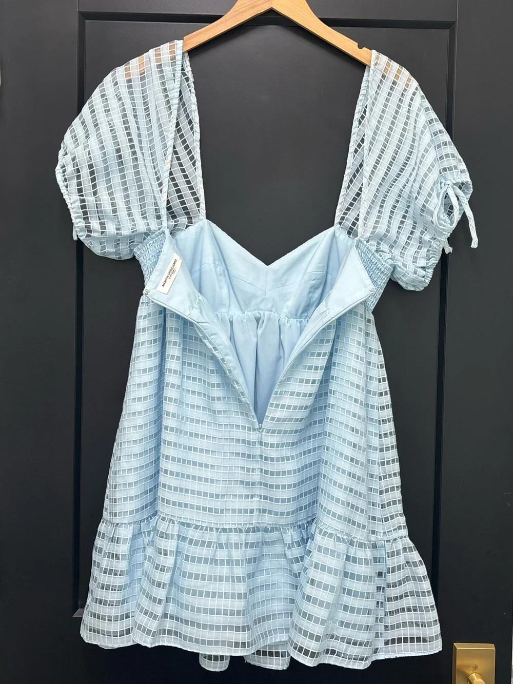 Amanda Uprichard Sicily Mini Dress Powder Blue Textured Puff Sleeve Medium - Picture 7 of 14